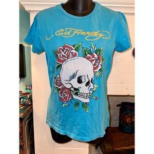 VINTAGE Y2K ED HARDY TURQUOISE SKULL & ROSES TATTOO TEE M
